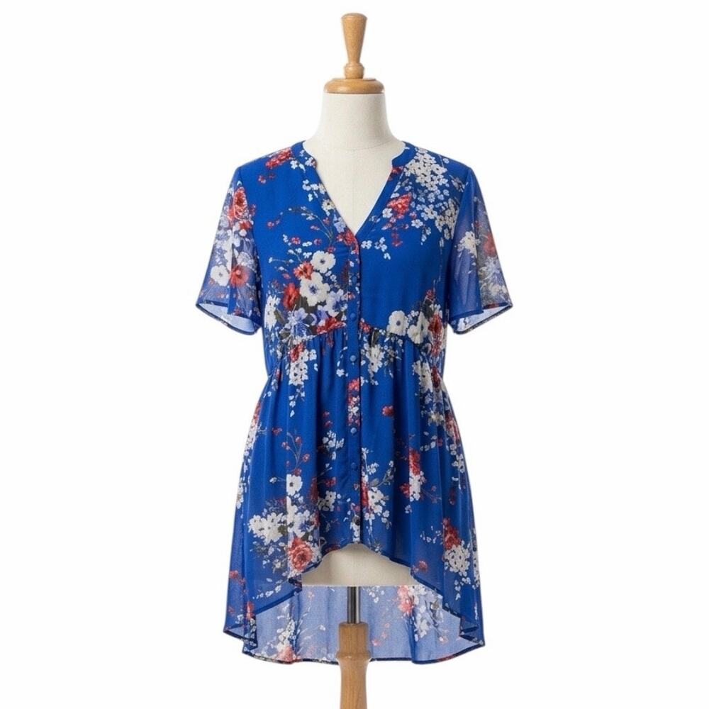 TORRID Blue Floral Chiffon Hi-Low Dress Plus Size 1 Button Down Boho V-Neck
